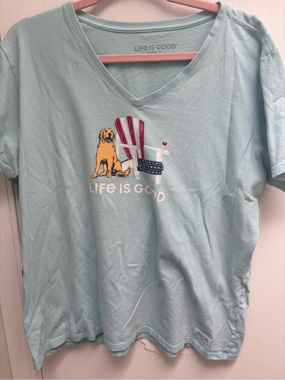 Life Is Good Light Blue V-Neck Tee with Dog & Adirondack Chair Graphic